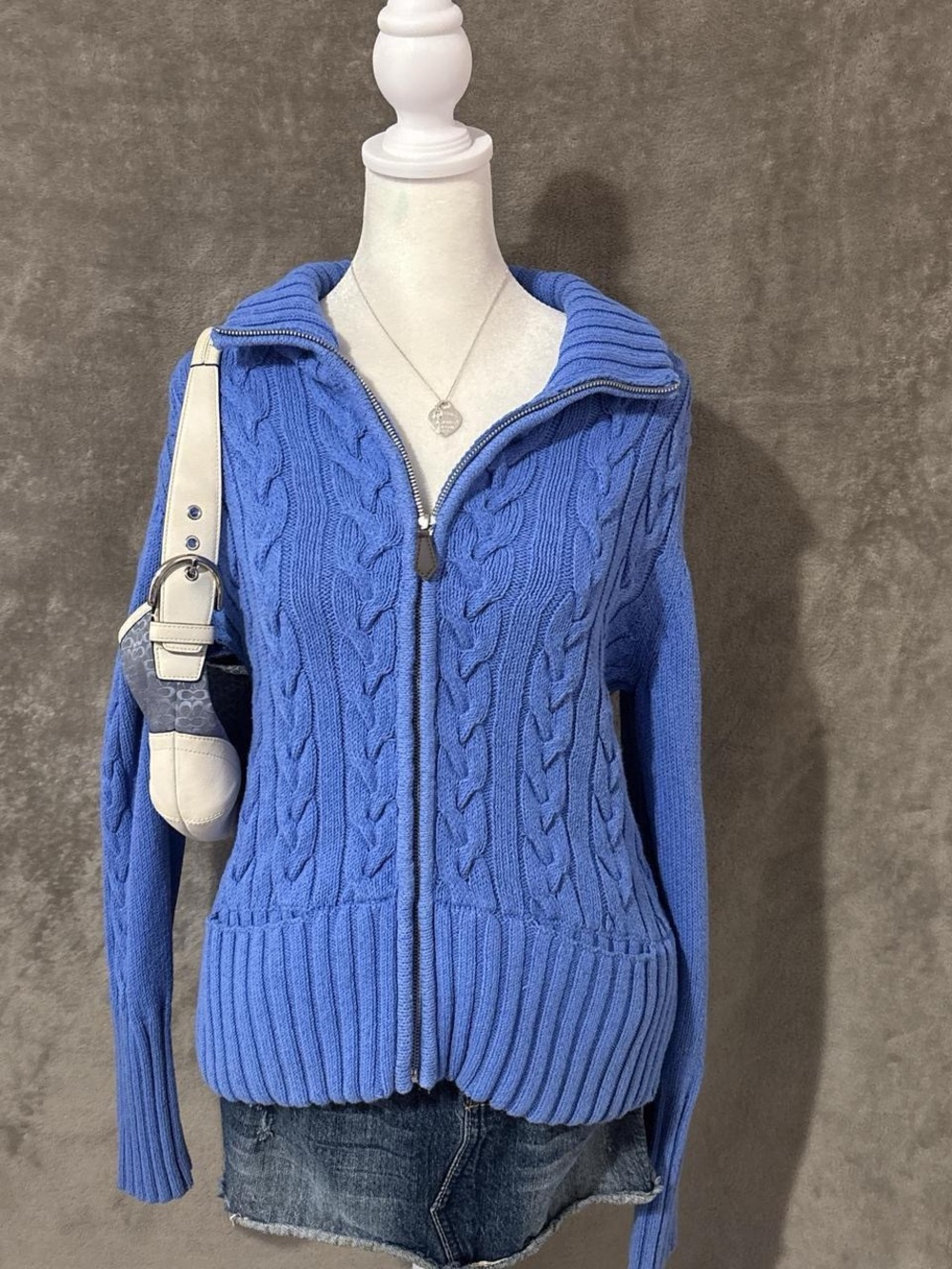 VTG Y2k Blue Cable Knitted Preppy Cottage Core Zip Up Sweater Jacket